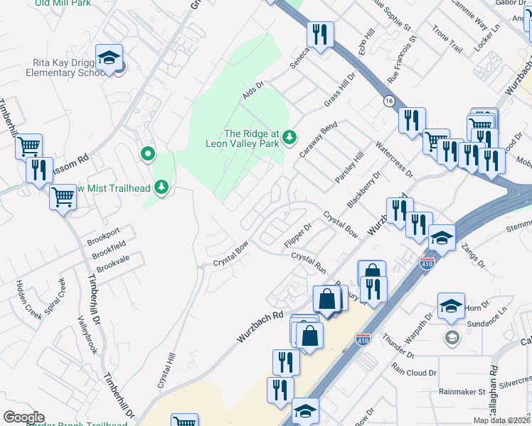 map of restaurants, bars, coffee shops, grocery stores, and more near 13 Palomar Hills in San Antonio