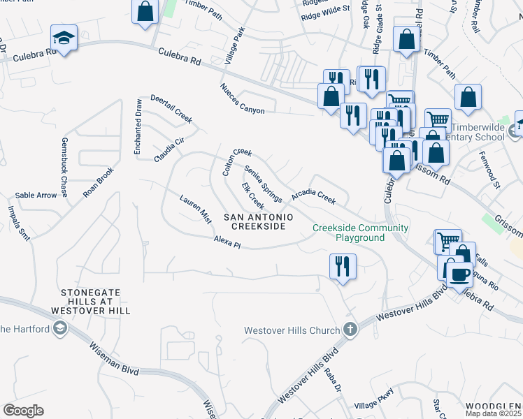 map of restaurants, bars, coffee shops, grocery stores, and more near 9607 Criswell Creek in San Antonio