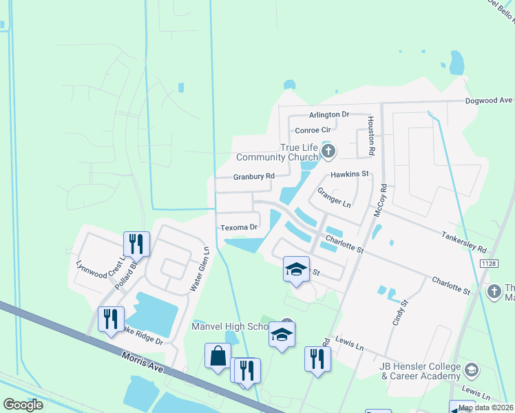 map of restaurants, bars, coffee shops, grocery stores, and more near 6607 Texoma Drive in Manvel