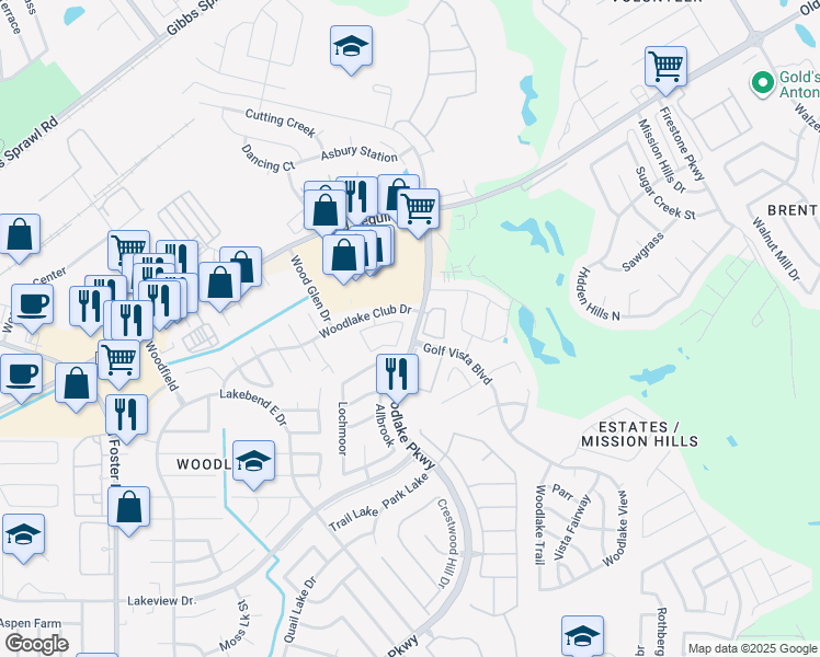map of restaurants, bars, coffee shops, grocery stores, and more near 6000 Woodlake Parkway in San Antonio