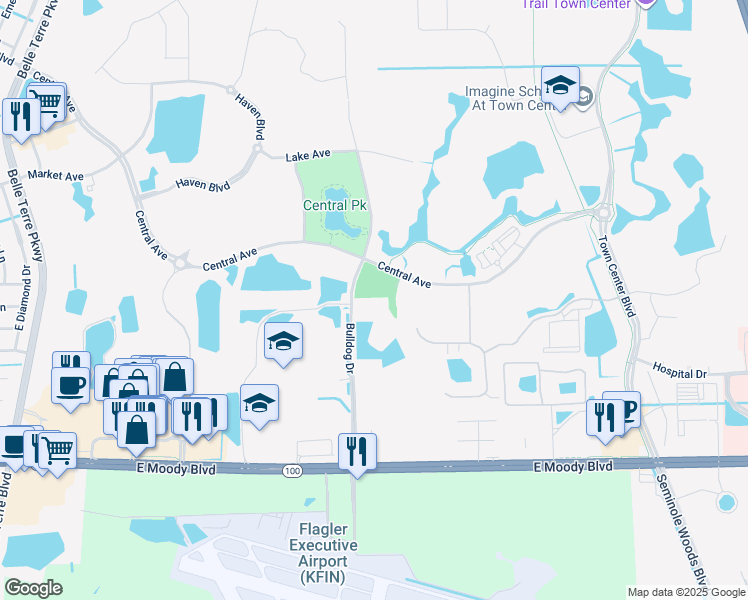 map of restaurants, bars, coffee shops, grocery stores, and more near 470 Bulldog Drive in Palm Coast