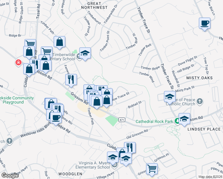 map of restaurants, bars, coffee shops, grocery stores, and more near 5276 Meadow Rise Street in San Antonio