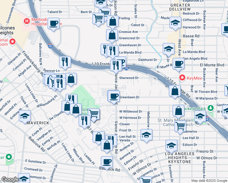 map of restaurants, bars, coffee shops, grocery stores, and more near 1011 Vance Jackson Road in San Antonio