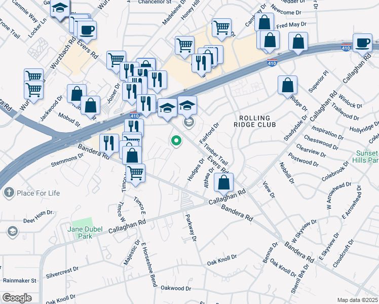 map of restaurants, bars, coffee shops, grocery stores, and more near 5238 Evers Road in Leon Valley