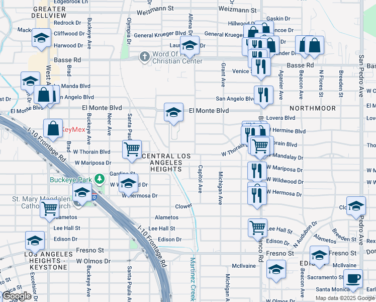 map of restaurants, bars, coffee shops, grocery stores, and more near 1219 West Thorain Boulevard in San Antonio