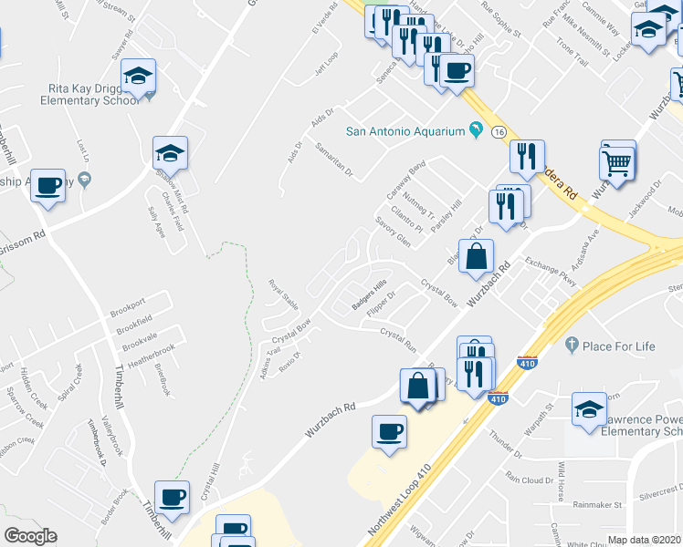 map of restaurants, bars, coffee shops, grocery stores, and more near 26 Weathering Creek in San Antonio