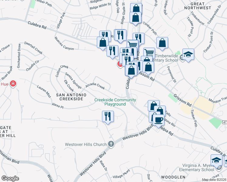 map of restaurants, bars, coffee shops, grocery stores, and more near 5019 Shara Mist in San Antonio