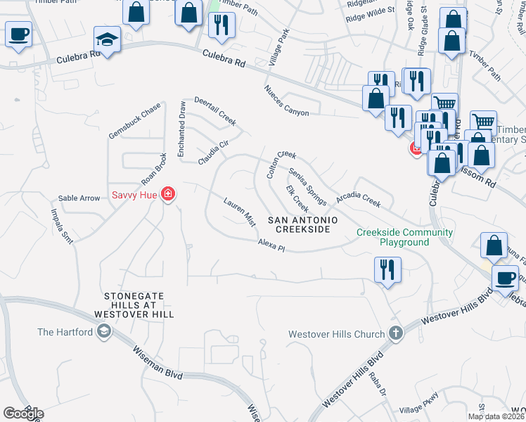 map of restaurants, bars, coffee shops, grocery stores, and more near 9723 Criswell Creek in San Antonio