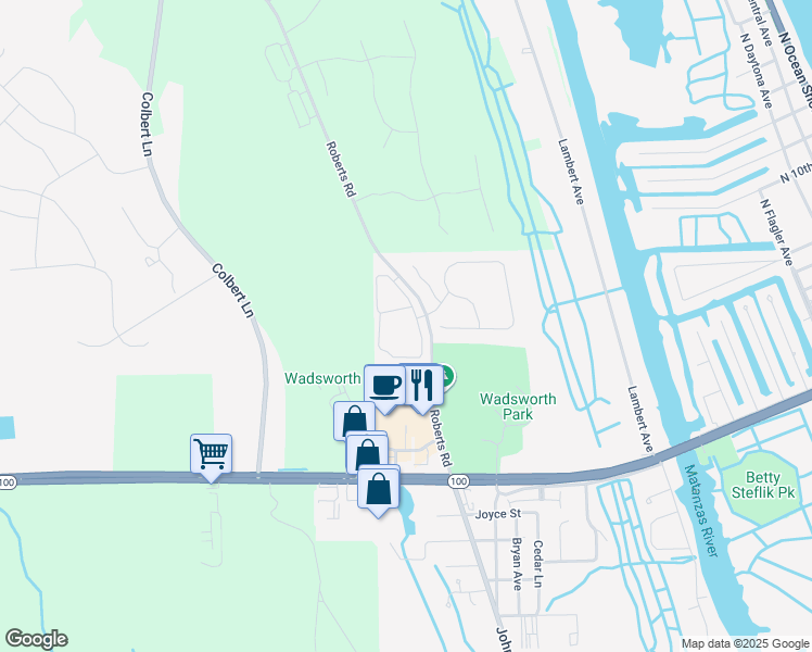map of restaurants, bars, coffee shops, grocery stores, and more near Roberts Road in Flagler Beach