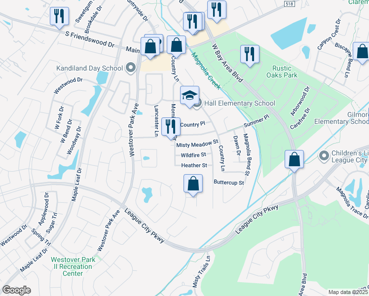 map of restaurants, bars, coffee shops, grocery stores, and more near 5907 Misty Meadow Street in League City