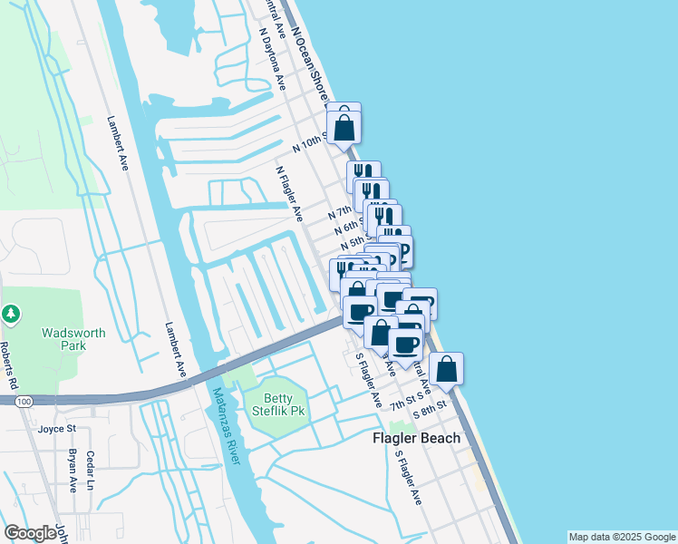 map of restaurants, bars, coffee shops, grocery stores, and more near 301 North 5th Street in Flagler Beach