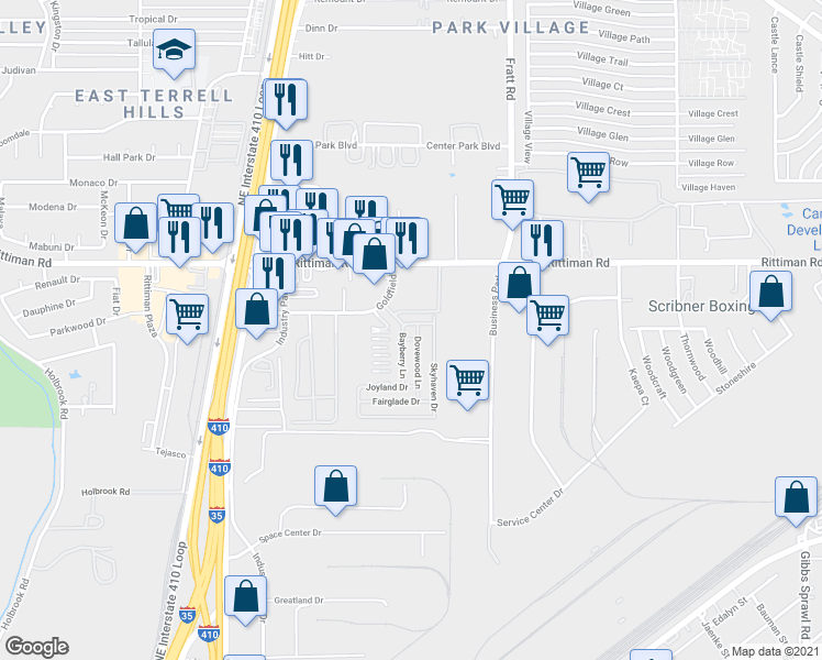 map of restaurants, bars, coffee shops, grocery stores, and more near 4801 Goldfield in San Antonio