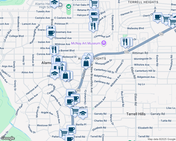 map of restaurants, bars, coffee shops, grocery stores, and more near in Terrell Hills