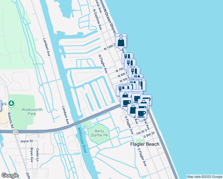 map of restaurants, bars, coffee shops, grocery stores, and more near 225 North Flagler Avenue in Flagler Beach