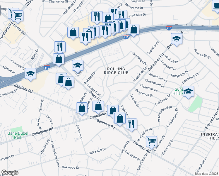 map of restaurants, bars, coffee shops, grocery stores, and more near 5406 East Rolling Ridge Drive in San Antonio