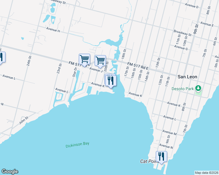 map of restaurants, bars, coffee shops, grocery stores, and more near 1033 19th Street in San Leon