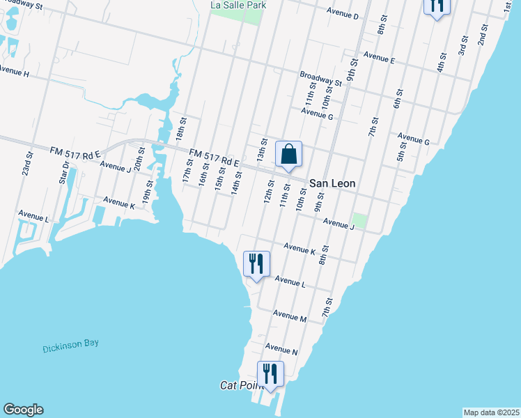 map of restaurants, bars, coffee shops, grocery stores, and more near 939 12th Street in San Leon
