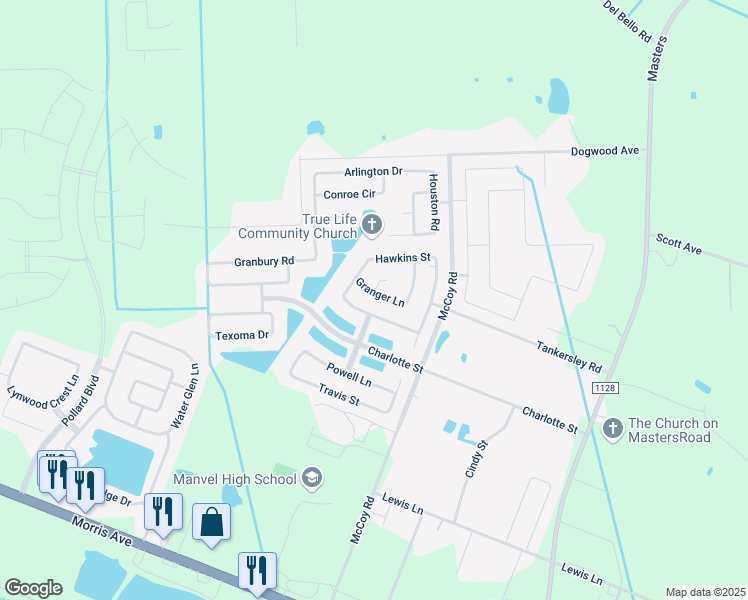 map of restaurants, bars, coffee shops, grocery stores, and more near 6618 Abilene Court in Manvel