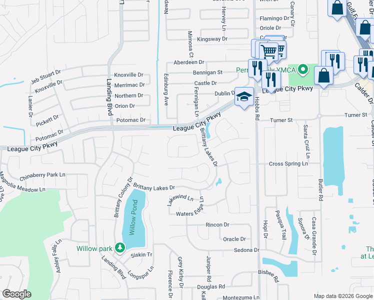map of restaurants, bars, coffee shops, grocery stores, and more near 2107 Stillwater Bay Court in League City