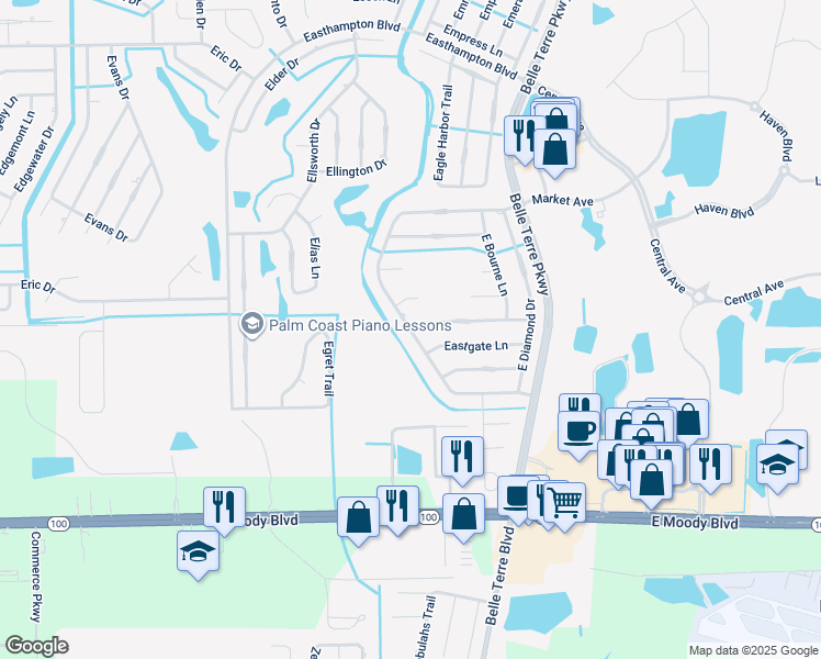 map of restaurants, bars, coffee shops, grocery stores, and more near 44 Eastwood Drive in Palm Coast