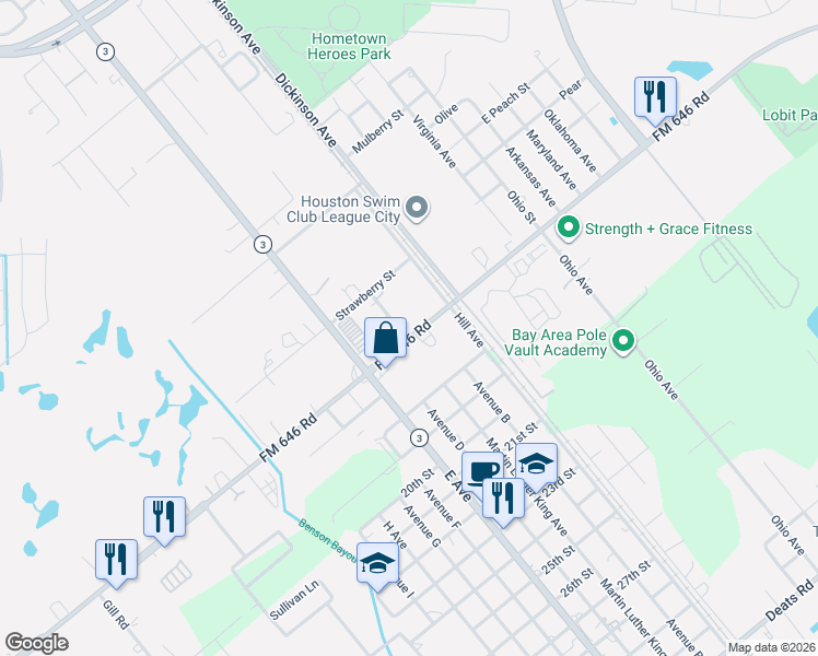 map of restaurants, bars, coffee shops, grocery stores, and more near 2905 Farm to Market Road 646 in Dickinson
