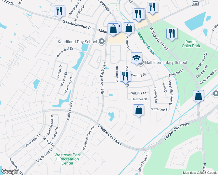 map of restaurants, bars, coffee shops, grocery stores, and more near 6123 Carlisle Lane in League City