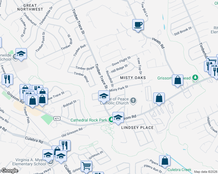 map of restaurants, bars, coffee shops, grocery stores, and more near 4912 Timber Trace Street in San Antonio