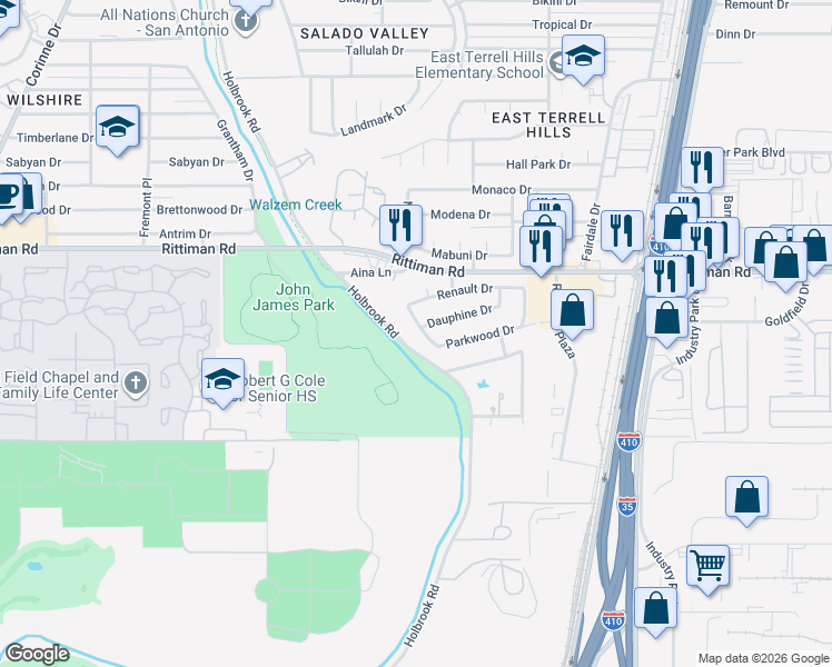 map of restaurants, bars, coffee shops, grocery stores, and more near 6002 Hillman Drive in San Antonio
