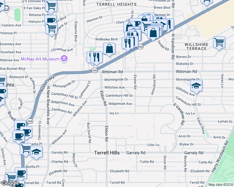 map of restaurants, bars, coffee shops, grocery stores, and more near 842 Wiltshire Avenue in San Antonio