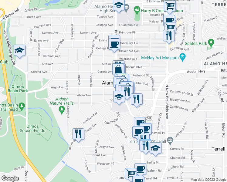 map of restaurants, bars, coffee shops, grocery stores, and more near 120 Argo Avenue in San Antonio