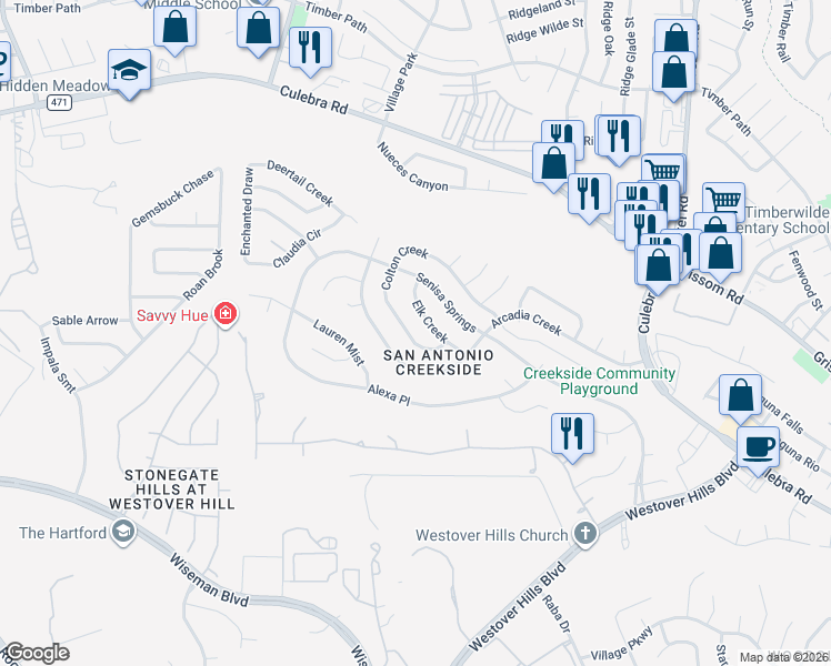 map of restaurants, bars, coffee shops, grocery stores, and more near 5219 Elk Creek in San Antonio
