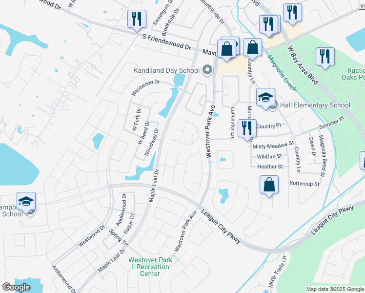 map of restaurants, bars, coffee shops, grocery stores, and more near 6161 Darlington Court in League City