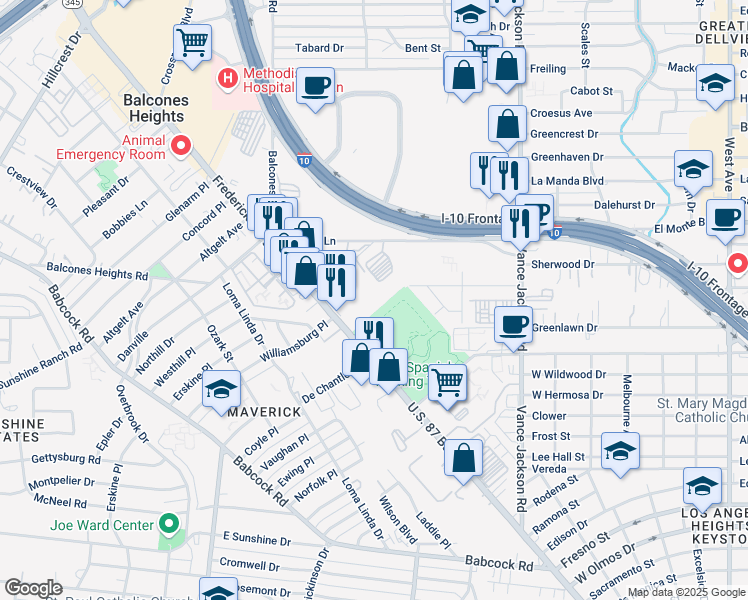 map of restaurants, bars, coffee shops, grocery stores, and more near 3700 Fredericksburg Road in San Antonio