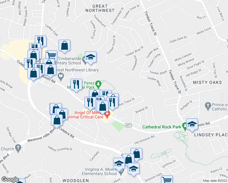 map of restaurants, bars, coffee shops, grocery stores, and more near 5212 Meadow Field in San Antonio
