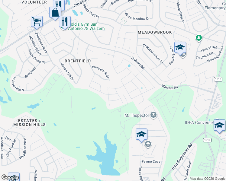 map of restaurants, bars, coffee shops, grocery stores, and more near 8031 Soothing Creek in San Antonio
