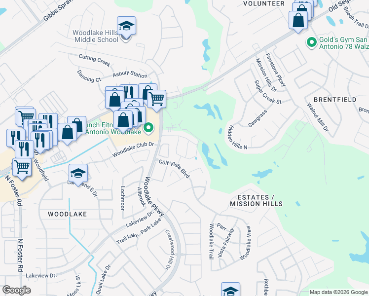map of restaurants, bars, coffee shops, grocery stores, and more near Golf Vista Boulevard in San Antonio