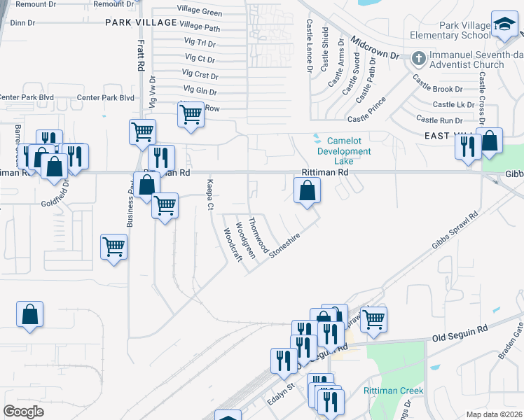 map of restaurants, bars, coffee shops, grocery stores, and more near 5320 Rittiman Road in San Antonio