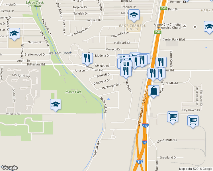 map of restaurants, bars, coffee shops, grocery stores, and more near 4222 Dauphine Drive in San Antonio