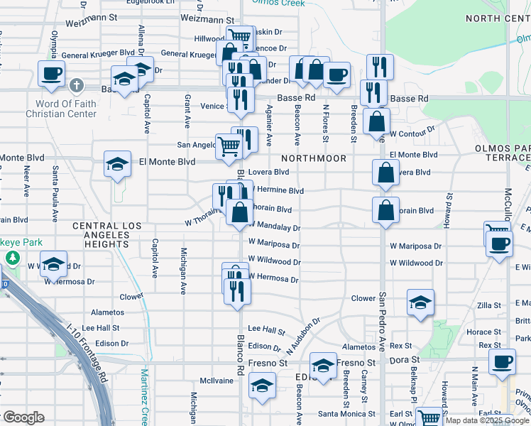 map of restaurants, bars, coffee shops, grocery stores, and more near 547 Thorain Boulevard in San Antonio