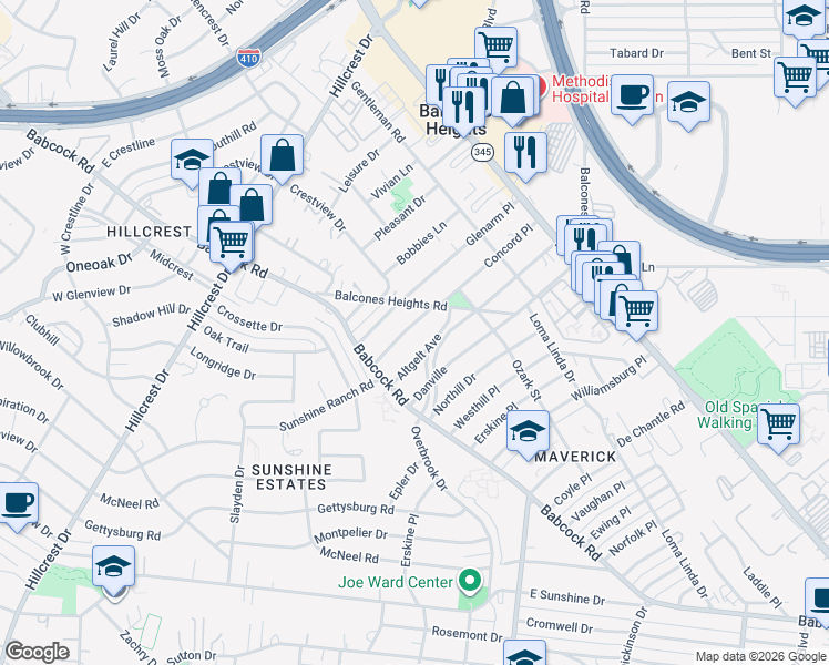 map of restaurants, bars, coffee shops, grocery stores, and more near 406 Concord Place in San Antonio