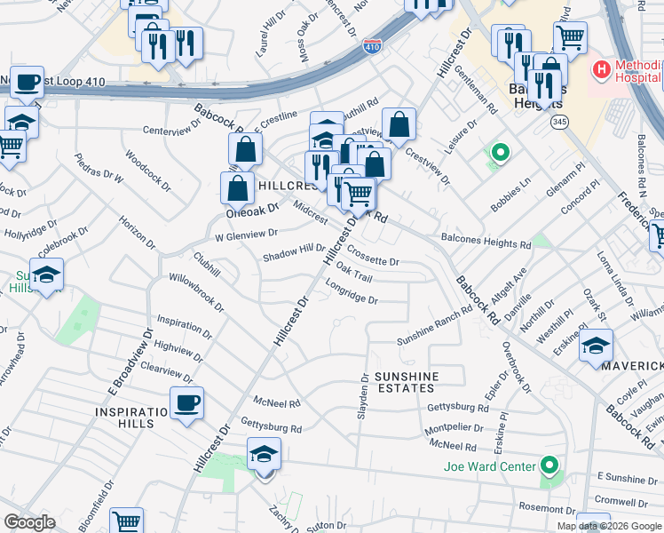 map of restaurants, bars, coffee shops, grocery stores, and more near 3919 Oak Trail in San Antonio