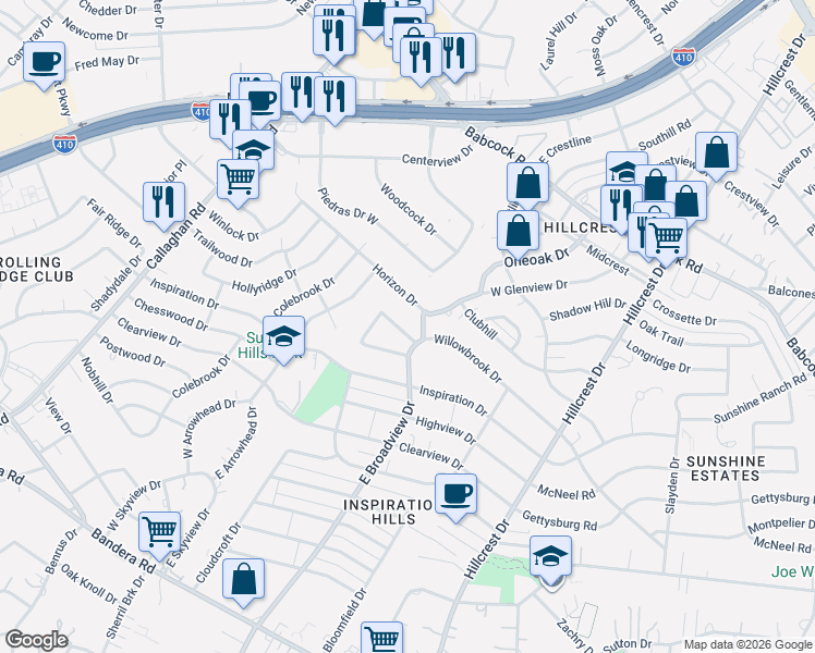 map of restaurants, bars, coffee shops, grocery stores, and more near 5510 Horizon Drive in San Antonio