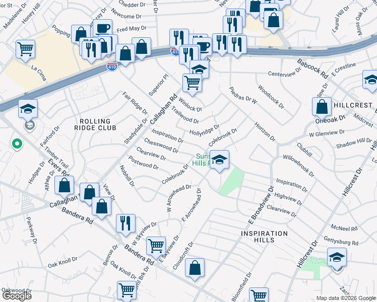 map of restaurants, bars, coffee shops, grocery stores, and more near 634 Inspiration Drive in San Antonio