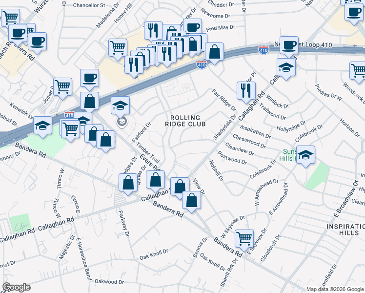 map of restaurants, bars, coffee shops, grocery stores, and more near 4942 Lambeth Drive in San Antonio