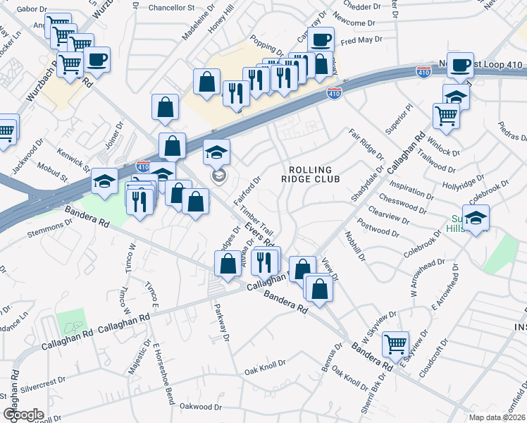 map of restaurants, bars, coffee shops, grocery stores, and more near 5419 Clover Drive in San Antonio