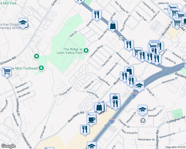 map of restaurants, bars, coffee shops, grocery stores, and more near 5 Crystal Bow in San Antonio