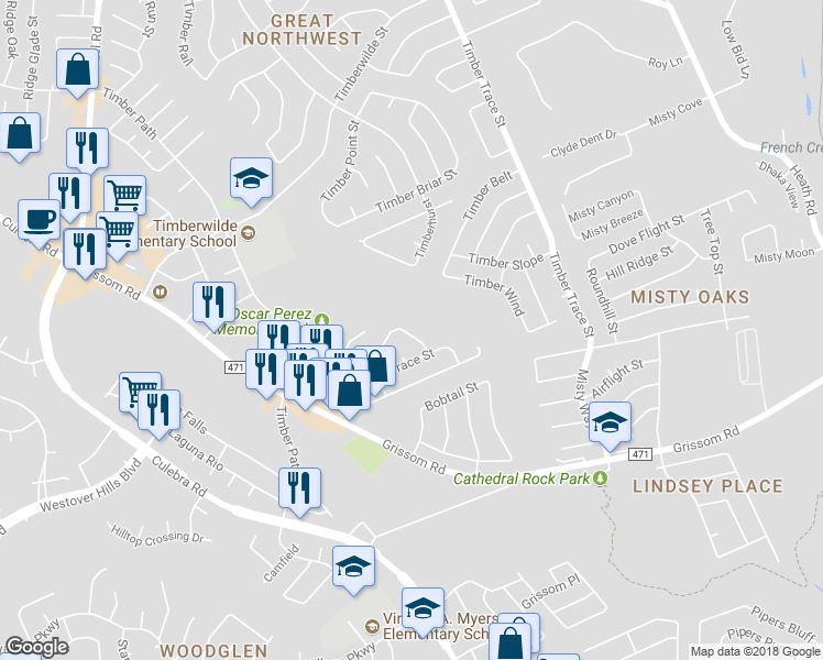 map of restaurants, bars, coffee shops, grocery stores, and more near 5234 Meadow Rise Street in San Antonio