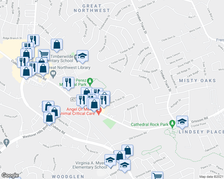 map of restaurants, bars, coffee shops, grocery stores, and more near 5204 Meadow Field in San Antonio