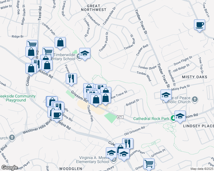 map of restaurants, bars, coffee shops, grocery stores, and more near 5204 Meadow Field in San Antonio