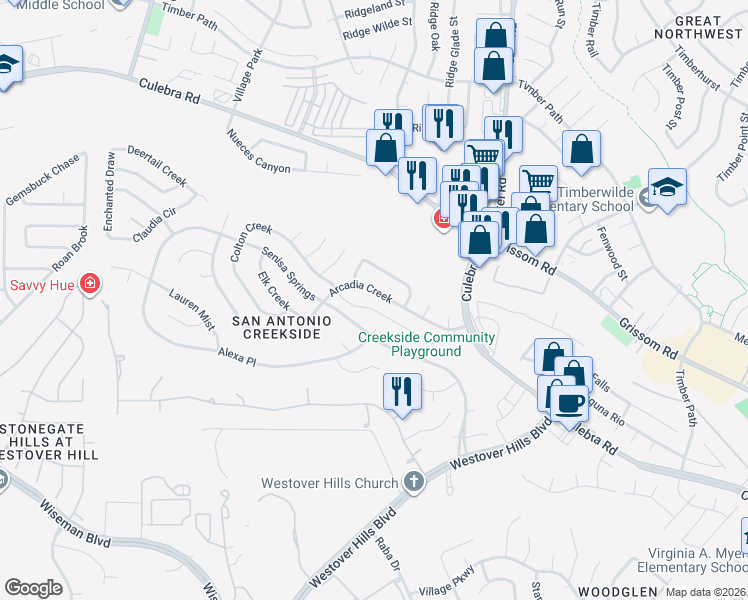 map of restaurants, bars, coffee shops, grocery stores, and more near 5010 Teal Falls in San Antonio